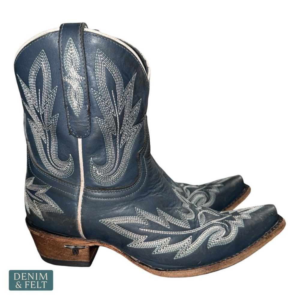 Lane Midnight‎ Blue Distressed Western Booties Snip Toe Embroidered Leather 7.5B - Picture 6 of 12